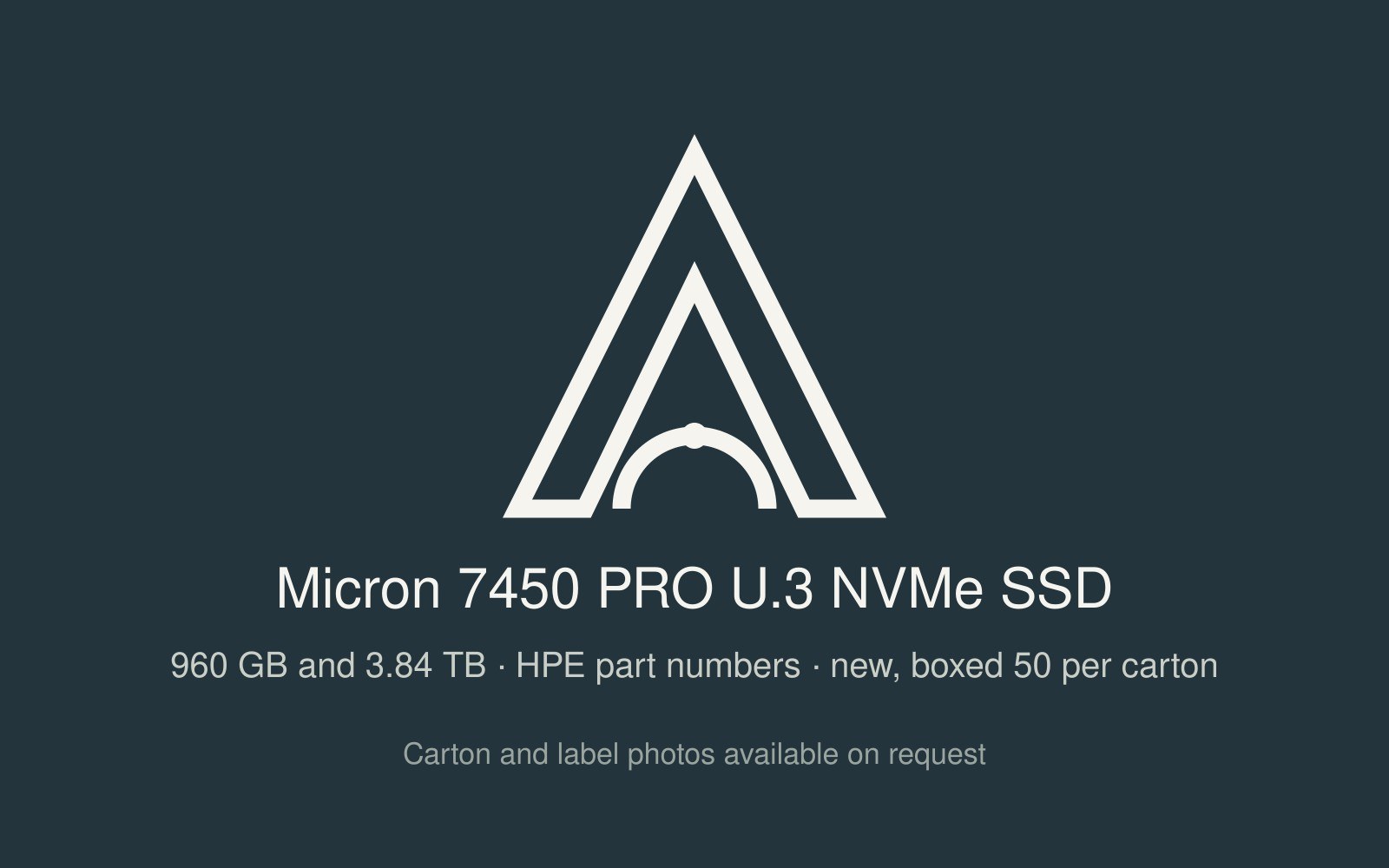 Placeholder graphic for Micron 7450 PRO U.3 NVMe SSDs with HPE part numbers; carton and label photos available on request